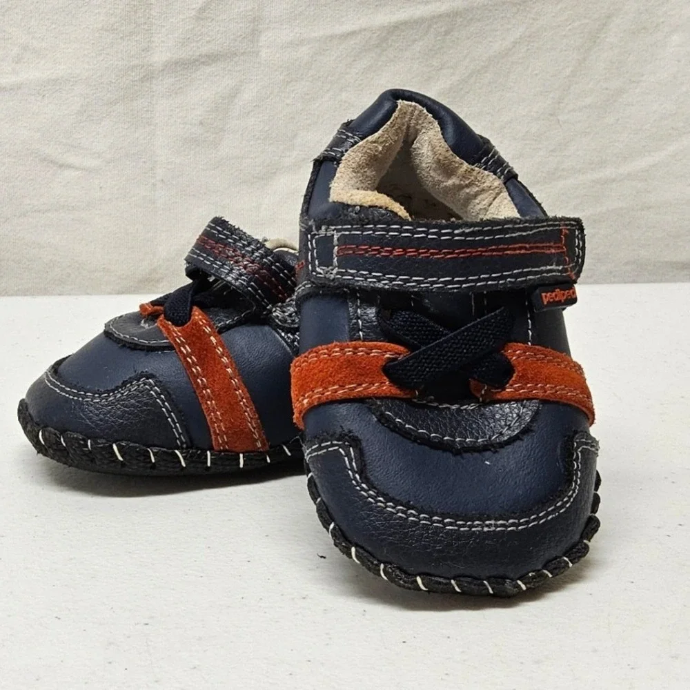 pediped First Walker Shoes Kids 6-12M Navy Blue Orange Leather Hook Loop Sporty